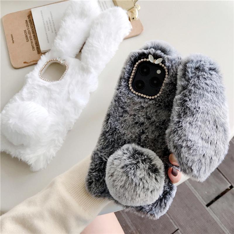Mykt Plysj Furry Kanin Deksel For iPhone 16 13 14 15 11 12 ProMax 3D Kanin Varmt Pels Hår Deksel