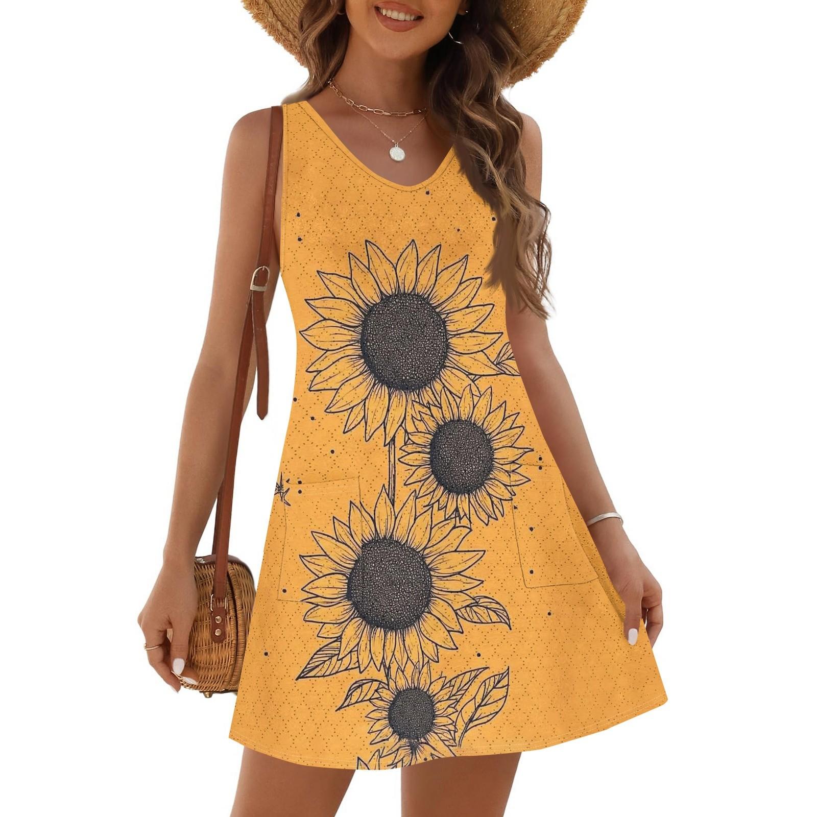 

Женское модное повседневное летнее платье без манжет с V-образным вырезом, винтажным цветочным принтом, пляжный сарафан XL жёлтый