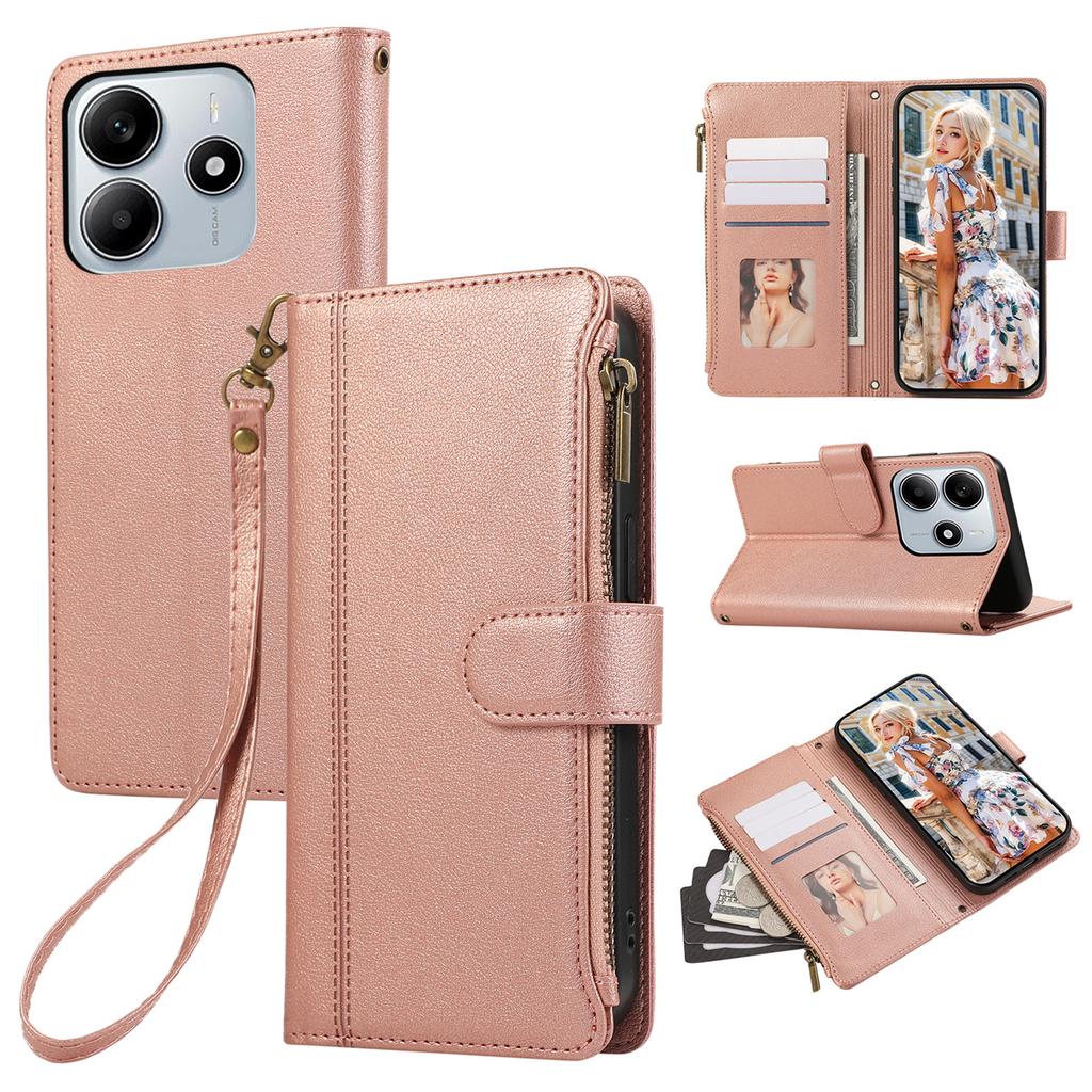For Xiaomi Redmi Note 14 4G (163.25mm) Case Multi Card Slots Zipper Leather Phone Cover with Wrist Strap - Purple