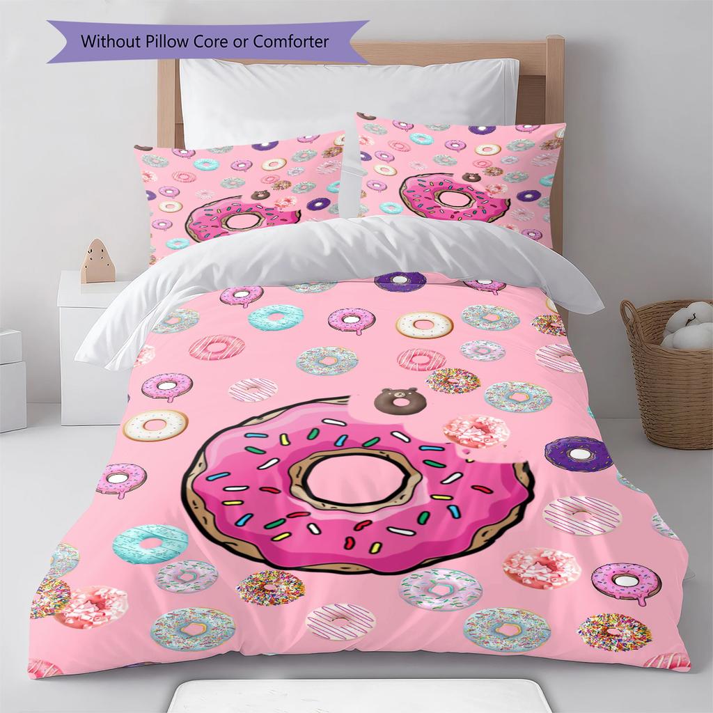 Pościel z wzorem kreskówkowych pączków Zestaw kołdry Poszewka na kołdrę Poszewka na poduszkę Dekoracja domu Prezent (1 * poszwa na kołdrę + 2 * poszewki na poduszki, bez rdzenia)