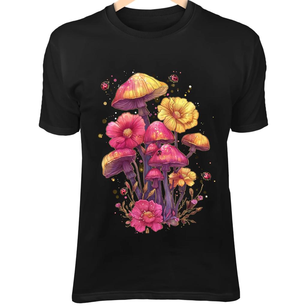 Mushroom Cluster Art - Pink & Yellow Flowers, Ladybugs & Fantasy Botanical Glow