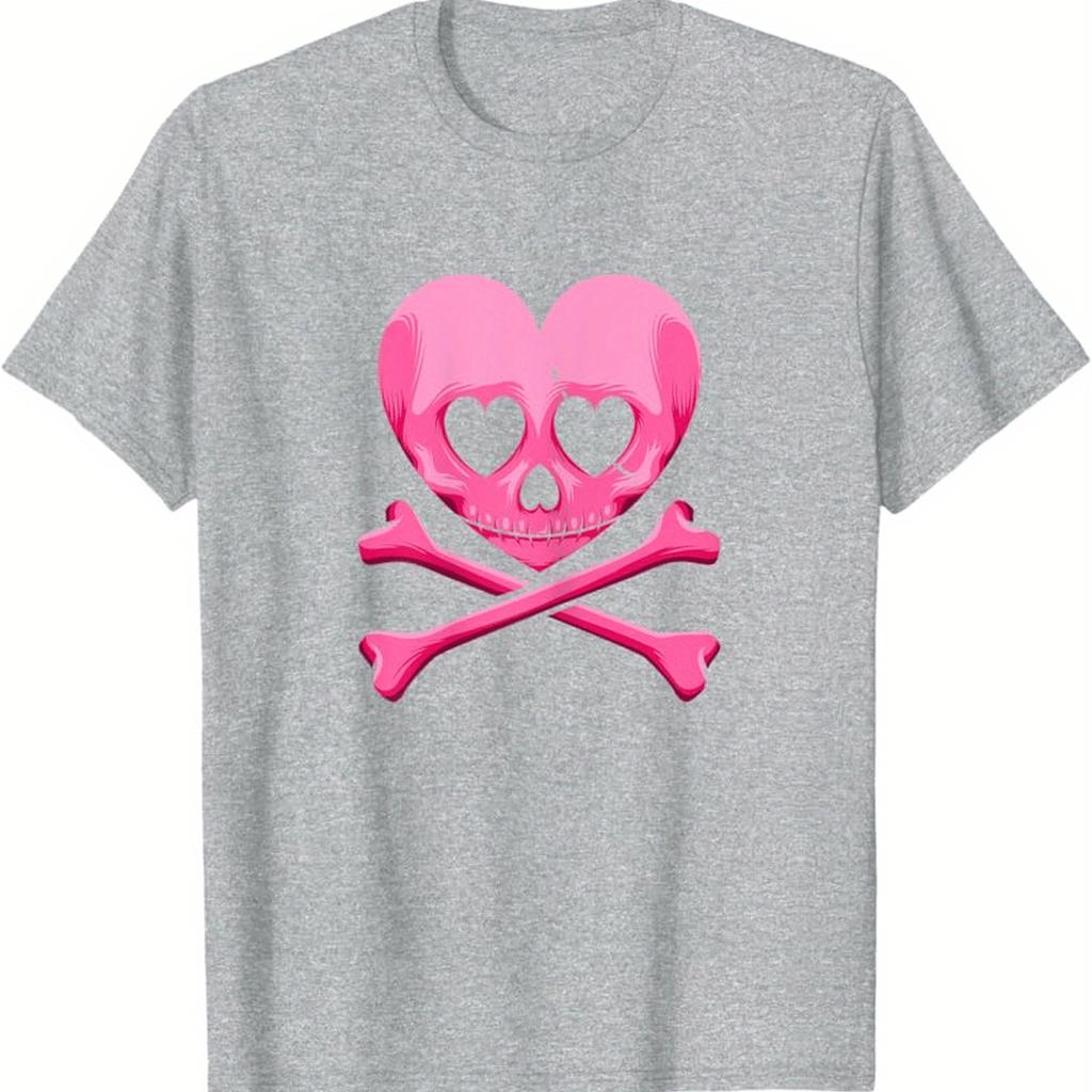 Pink Heart Skull Crossbones Graphic Tee Gothic Couples Matching Unisex Cotton T-Shirt Casual Daily