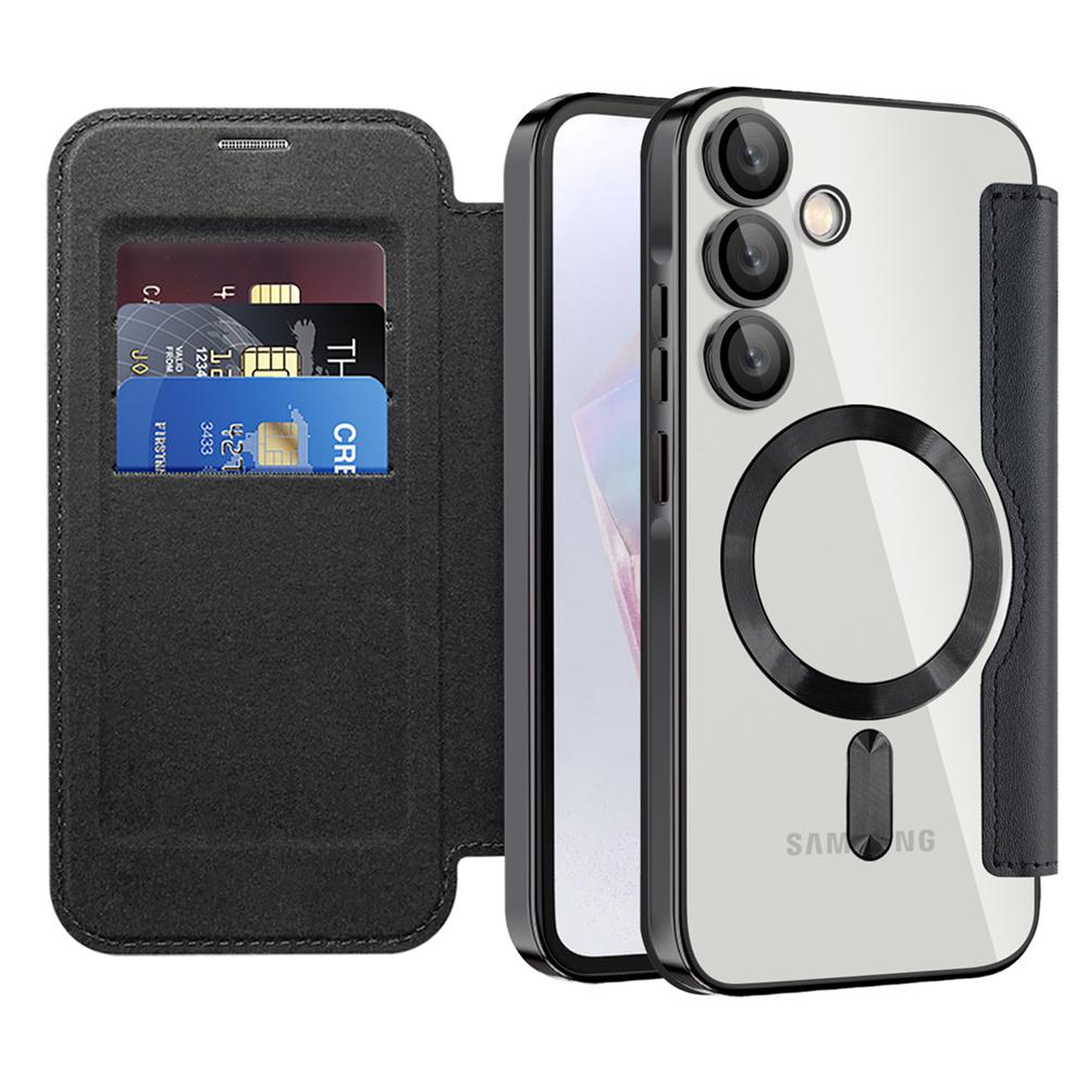Flip Leather Card Slots Phone Case for Samsung S24 S23 Ultra FE S22 Plus A55 A35 5G for Magsafe Magnetic Plating Protection Cover