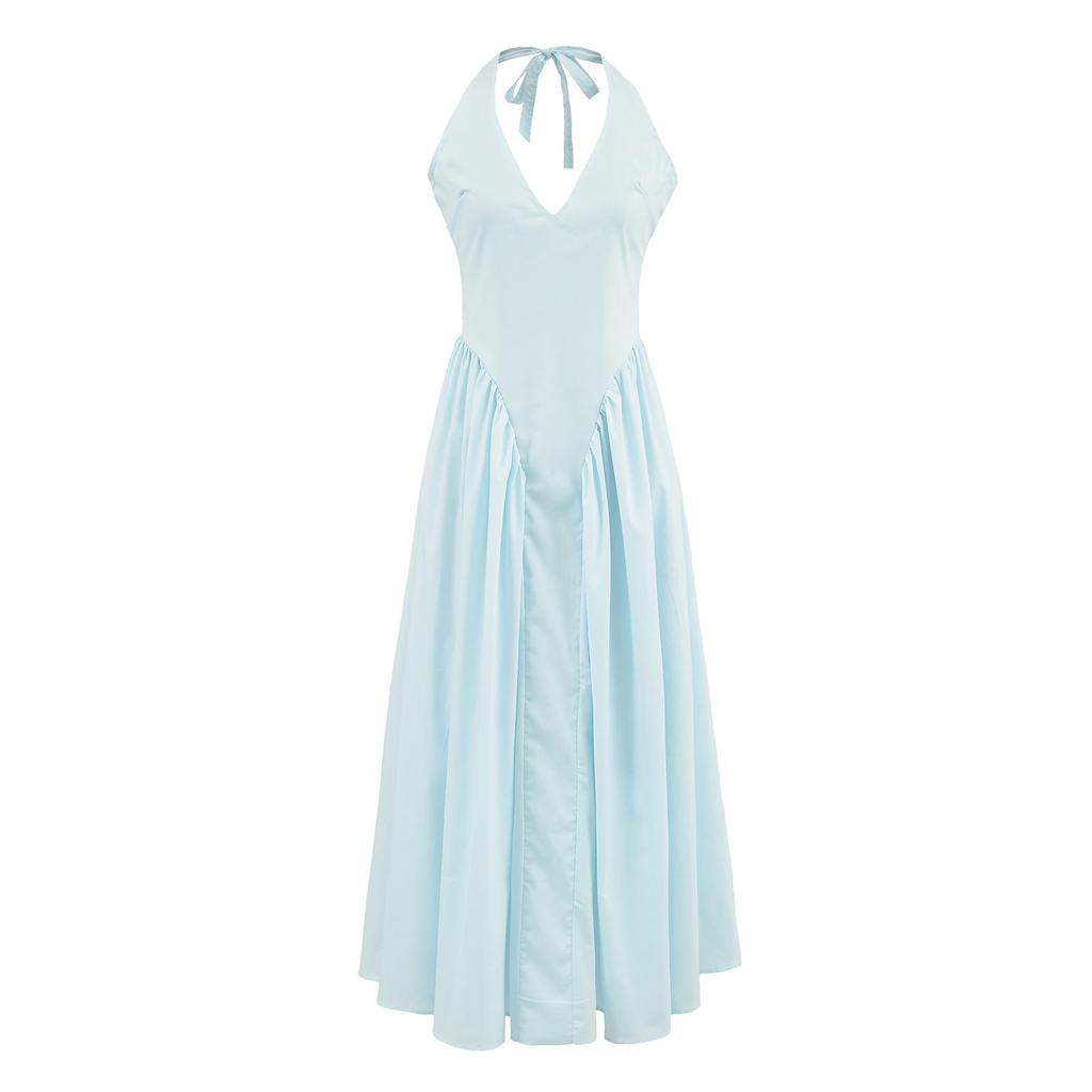 French Socialite Summer Halterneck Deep V-Neck Pleated Dress