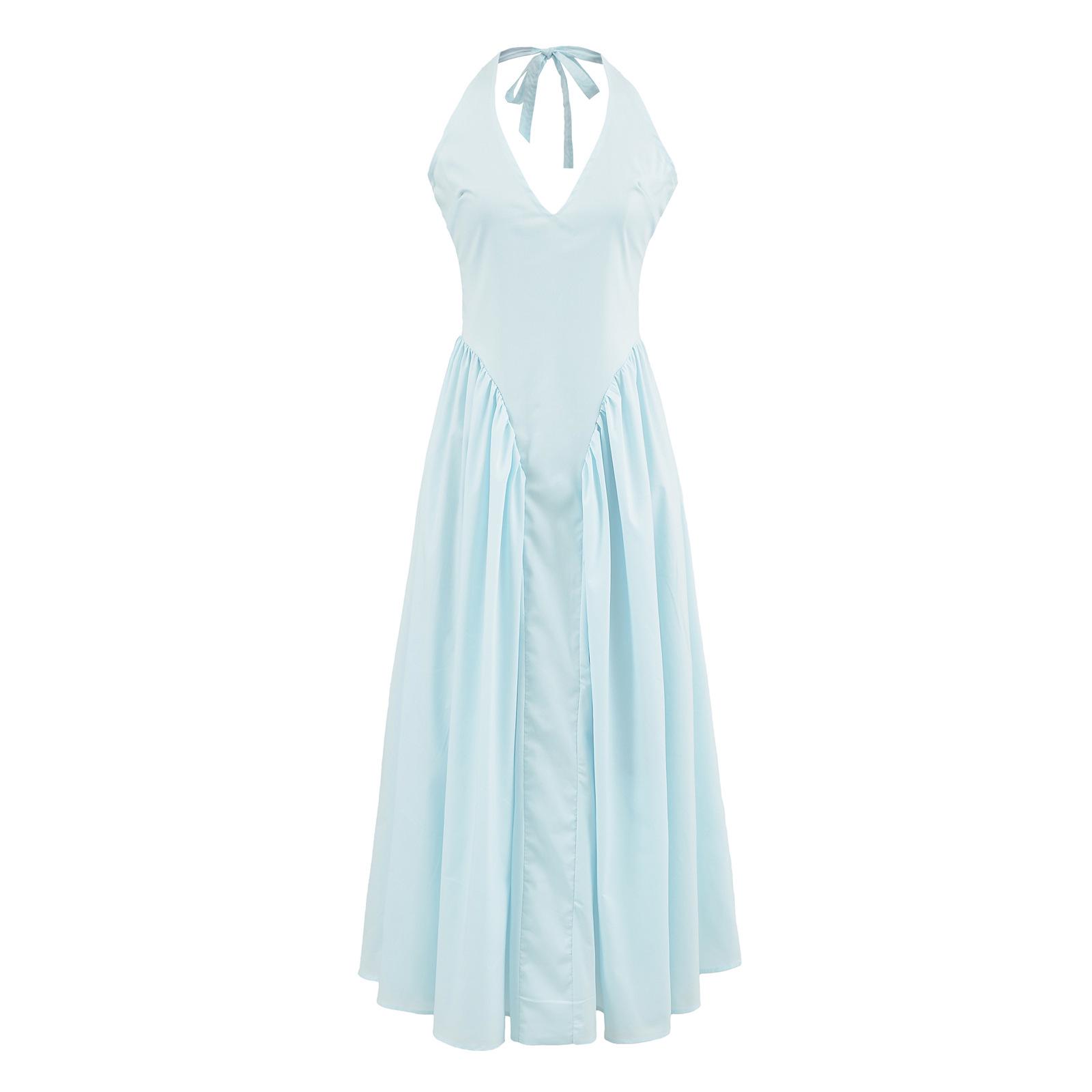 

Французская светская львица летнее платье с халтером, глубоким V-образным вырезом и плиссировкой Medium светло-синий