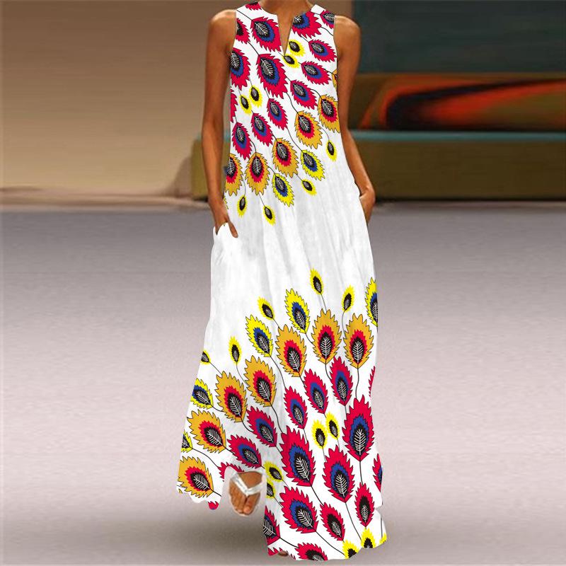 

2024 Summer Sleeveless V-Neck Printed Dress for Women: Long, Sexy, European & American Style 5XL