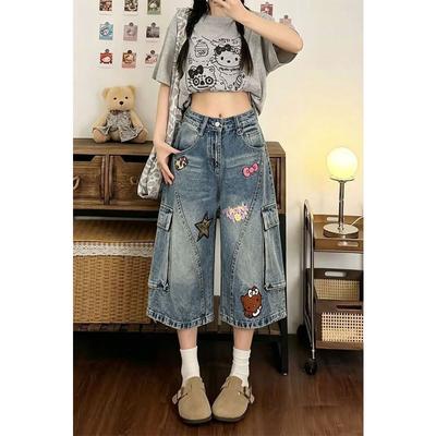 Women S Summer Kitty Denim Cargo Shorts High Waist Multi Pocket Wide Leg