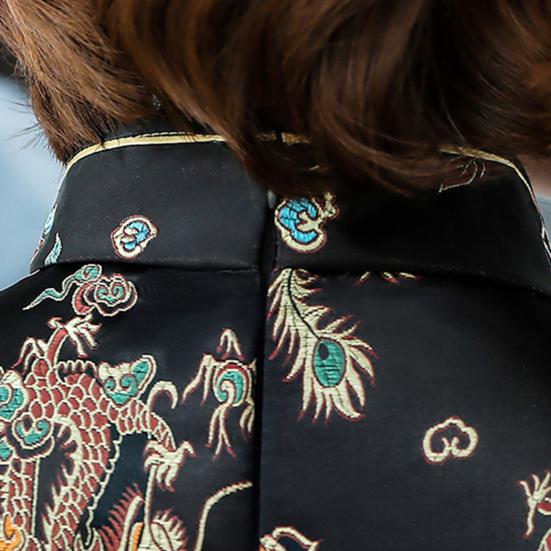 Damen Sommer Cheongsam Stehkragen Drache Phönix Print Geteilter Saum Qipao Slim Fit Retro Chinesischer Stil Über Knie Länge Hochzeit Party Cocktailkleid