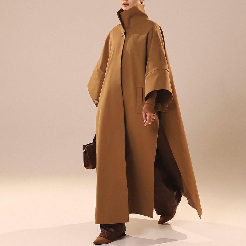 2026 Womens Fashion Commuter Solid Color Stand Collar Side Slit Wool Blend Coat