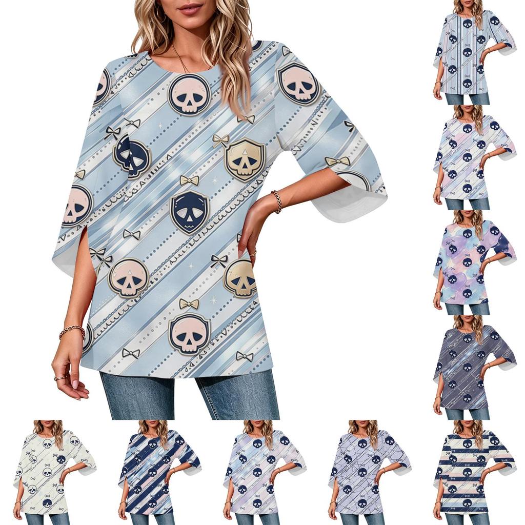 Women's Halloween Print Casual Top, Round Neck, Three-Quarter Sleeve, Loose Fit