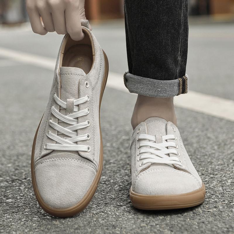 Fashion Fashion Suede Leather Men Casual Vulcanized Shoes Comfy Flat Walking Board Shoes Genuine Leather Outdoor Antiskid Walking Shoes