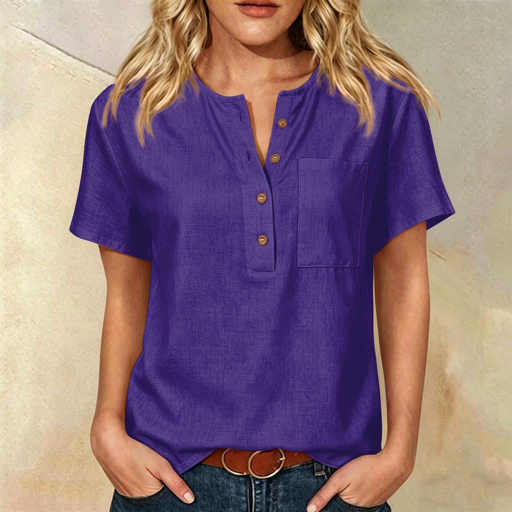 Women Henley Button Neck Short Sleeve Cotton Linen Shirt with Chest Pocket Loose Fit Casual Top for Daily Office Wear