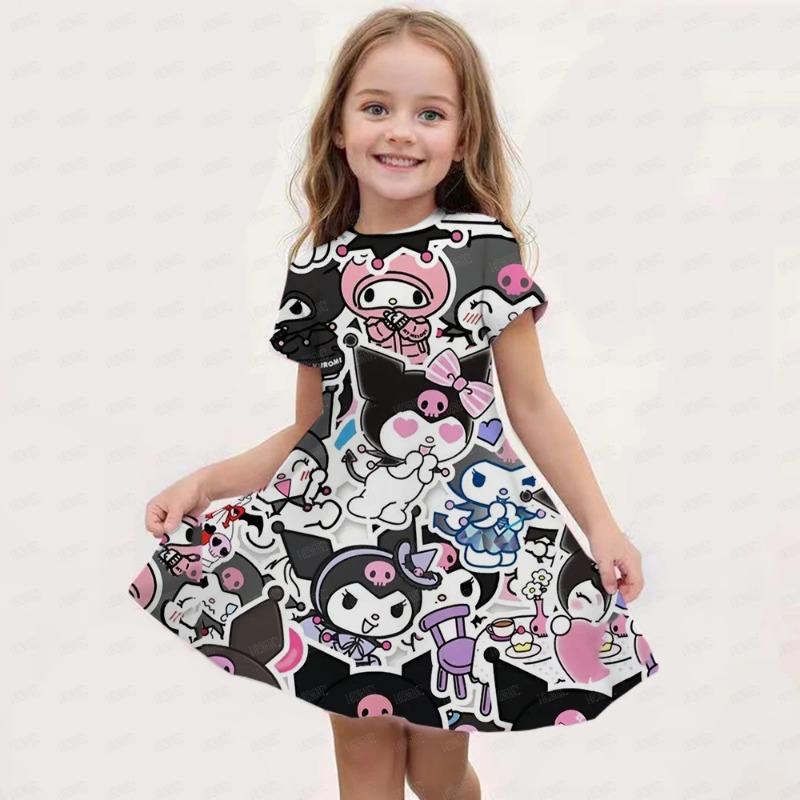 Hello Kitty Kuromi Summer Dress Girl Dresses Children Dresses Kawaii 3d Cartoon Print Cute