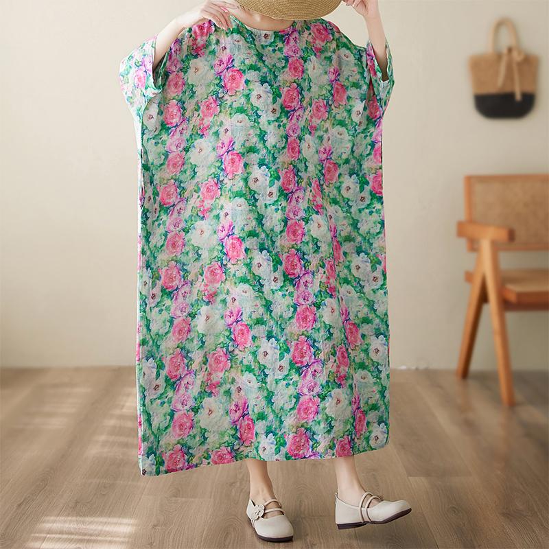 

DIMANAF New 2025 Summer Dress Women Vintage Printing Floral Casual Plus Size Dress Loose O-Neck Dress Maxi One Size зелёный