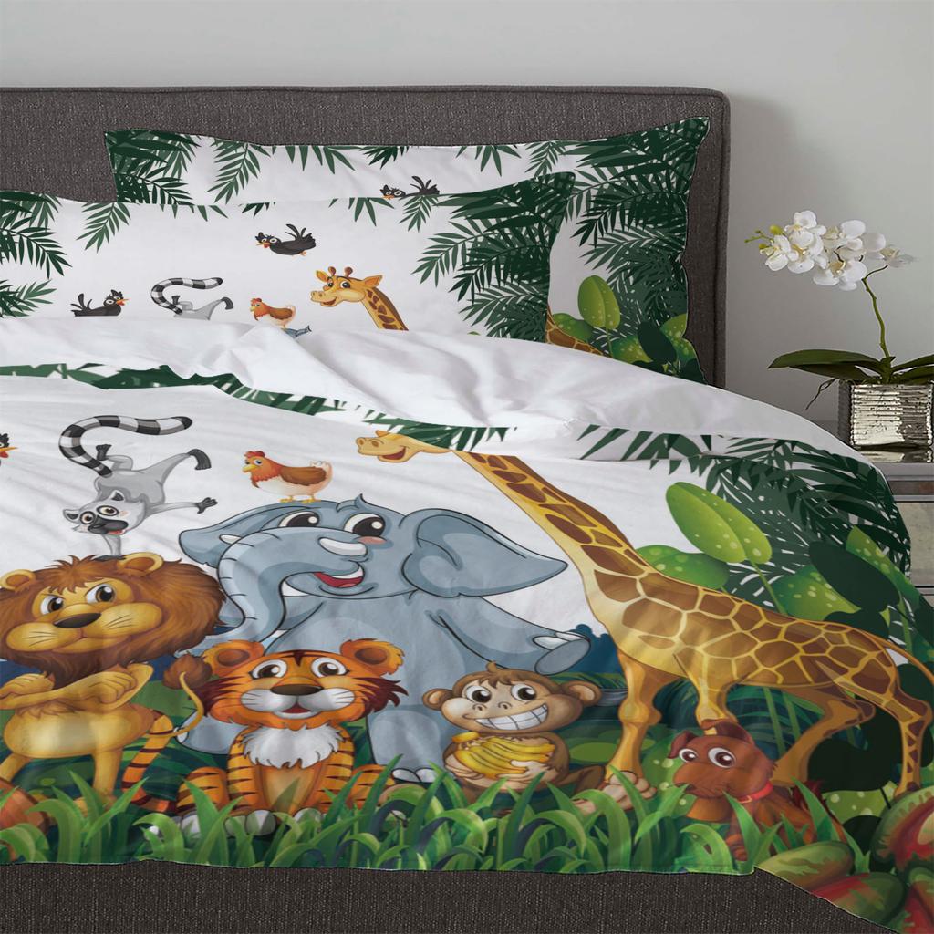 Tropical Jungle Cartoon Animal Giraffe Lion Elephant Duvet Cover Pillow Case Bedding Set Quilt Cover Double Bed Home Textile
