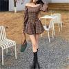 Minivestido a cuadros con cuello cuadrado para mujer, vestidos elegantes de manga larga acampanados, Vestido corto con cuello barco de primavera