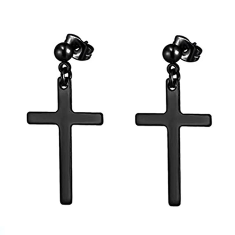 WKOUD 2PCS Stainless Steel No Piercing Cross For Men Kpop Clip On Cross Earring Gothic Punk Fake Ear Cuff Cross Earring Dangle