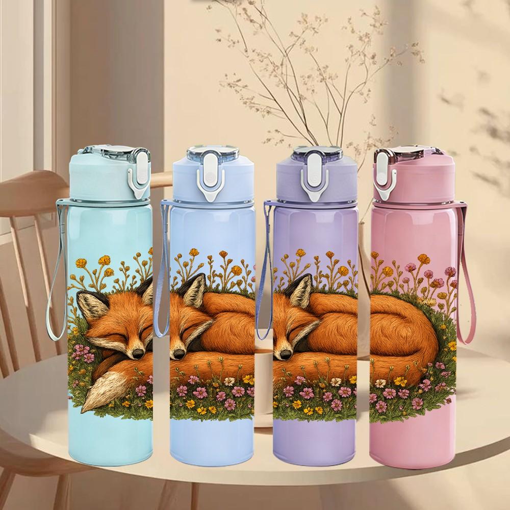 1PC Wild Flower Sleeping Fox 750ml Color Plastic Sports Water Bottle Leakproof Flip Straw Lid Suitable for Sports Office Home Use