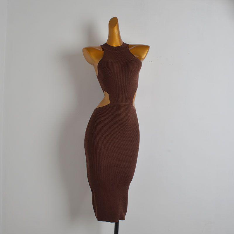 

Western Style Gyaru Hanging Neck Sleeveless Knitted dress Women clothes Summer Slim fit Waist Hollow-out Sexy Vest Dress Picture color S