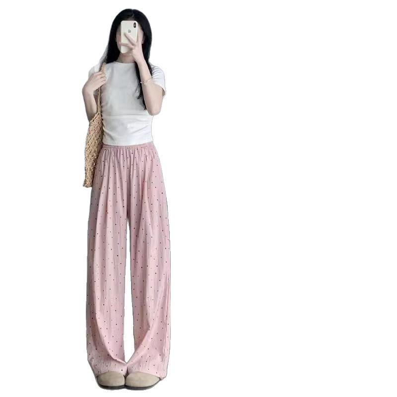 Petite High-Waisted Lazy Pink Polka Dot Summer Silk Pants