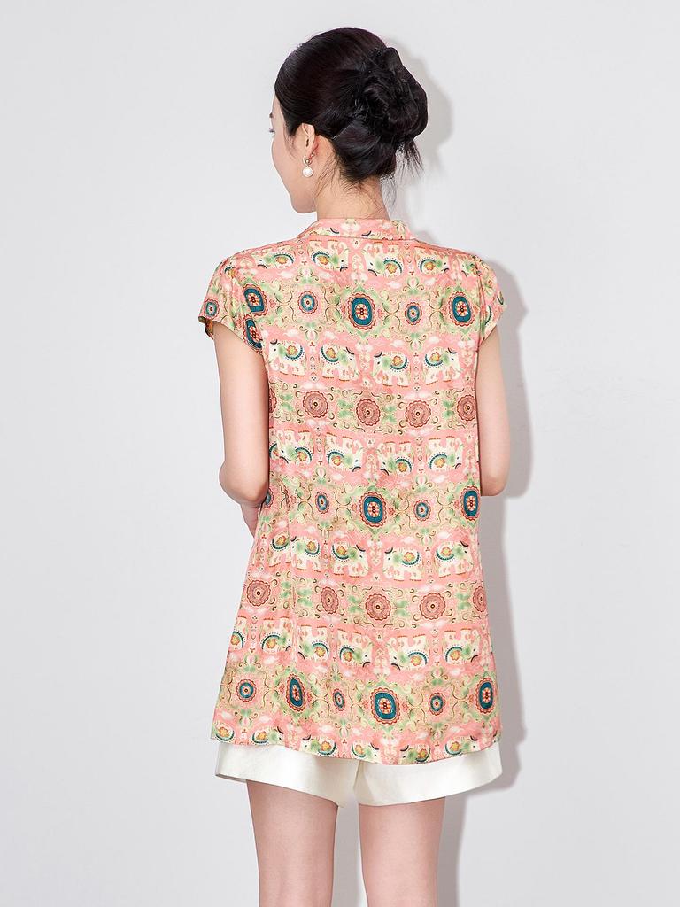 Women's Summer Elephant Jacquard Stand Collar Shirt