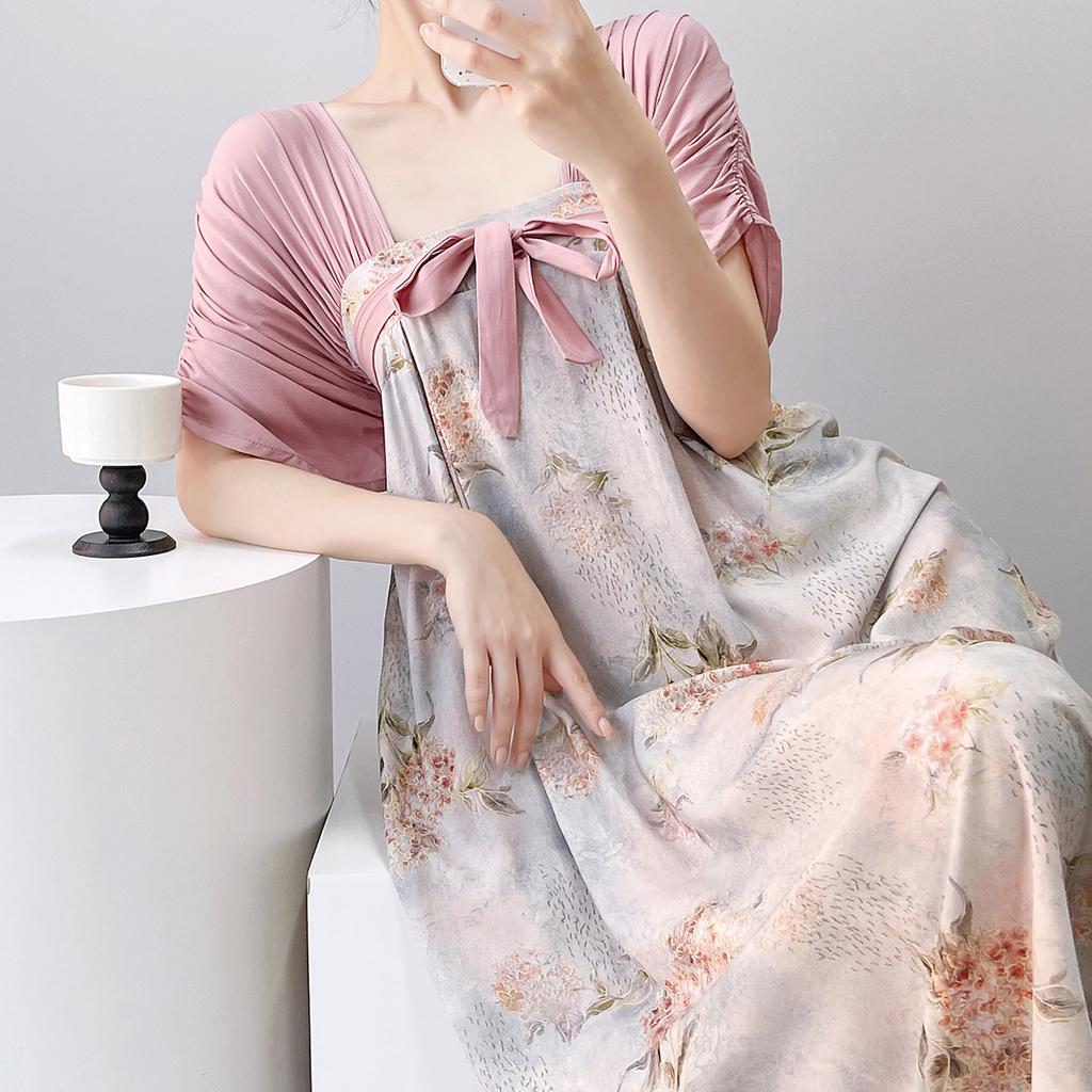 Short-sleeved cotton silk nightgown women's summer square collar improved Hanfu national style cotton silk skirt loungewear can be worn outside