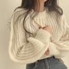 Autumn and Winter Sweet Style Loose Fitting Pullover Knitted Top Korean Version Age Reducing Pink Bubble Sleeves Soft Glutinous Sweater for Women