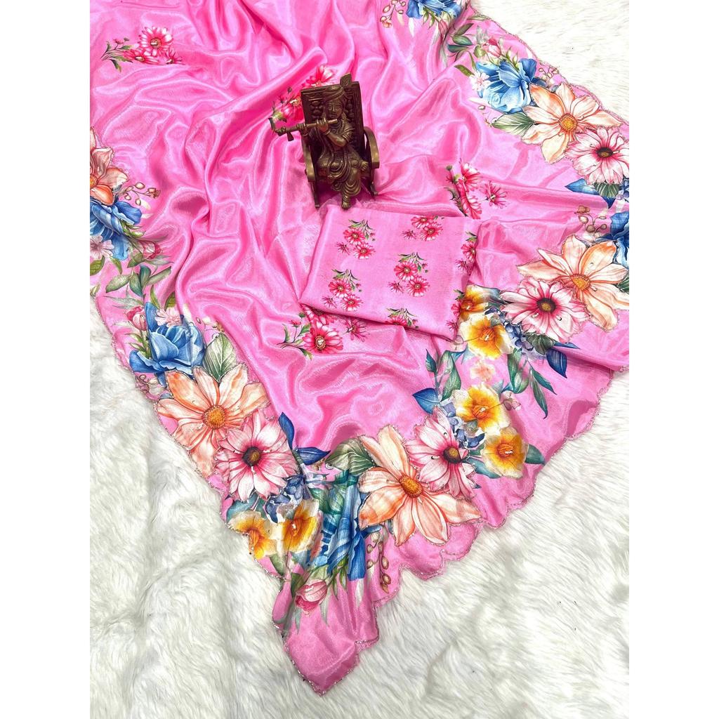Soft Chinon silk saree floral digital print with beautiful handwork and hand work with cut-work  border
