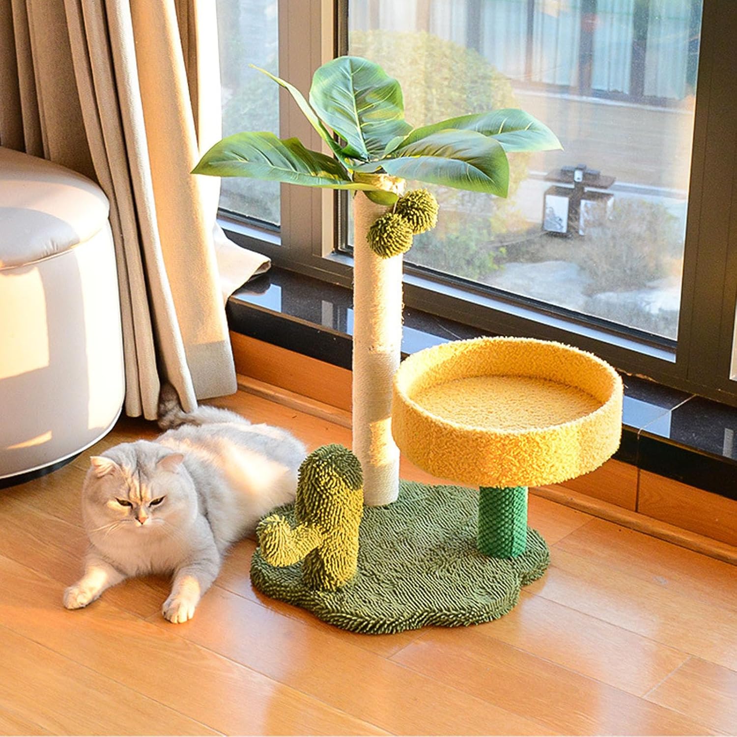 

Натуральная кокосовая конструкция кошачьего дерева с сизалевой когтеточкой | Многоуровневая кошачья игровая башня для домашних кошек Компактная кошачья активность зелёный