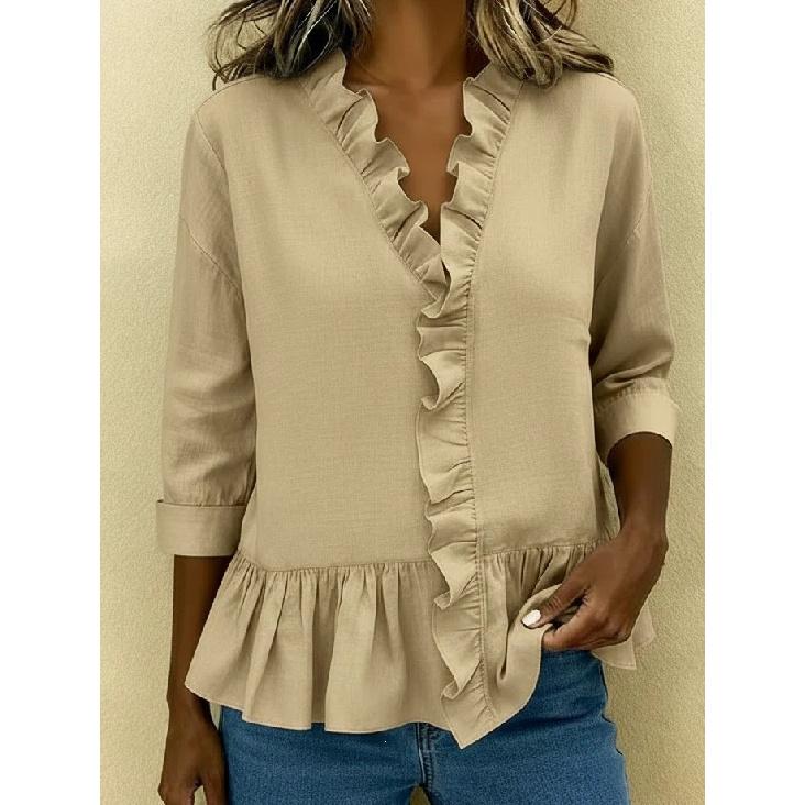 2026 Summer New Women's Solid Color Ruffle T-Shirt, Casual Three-Quarter Sleeve Blouse for Women