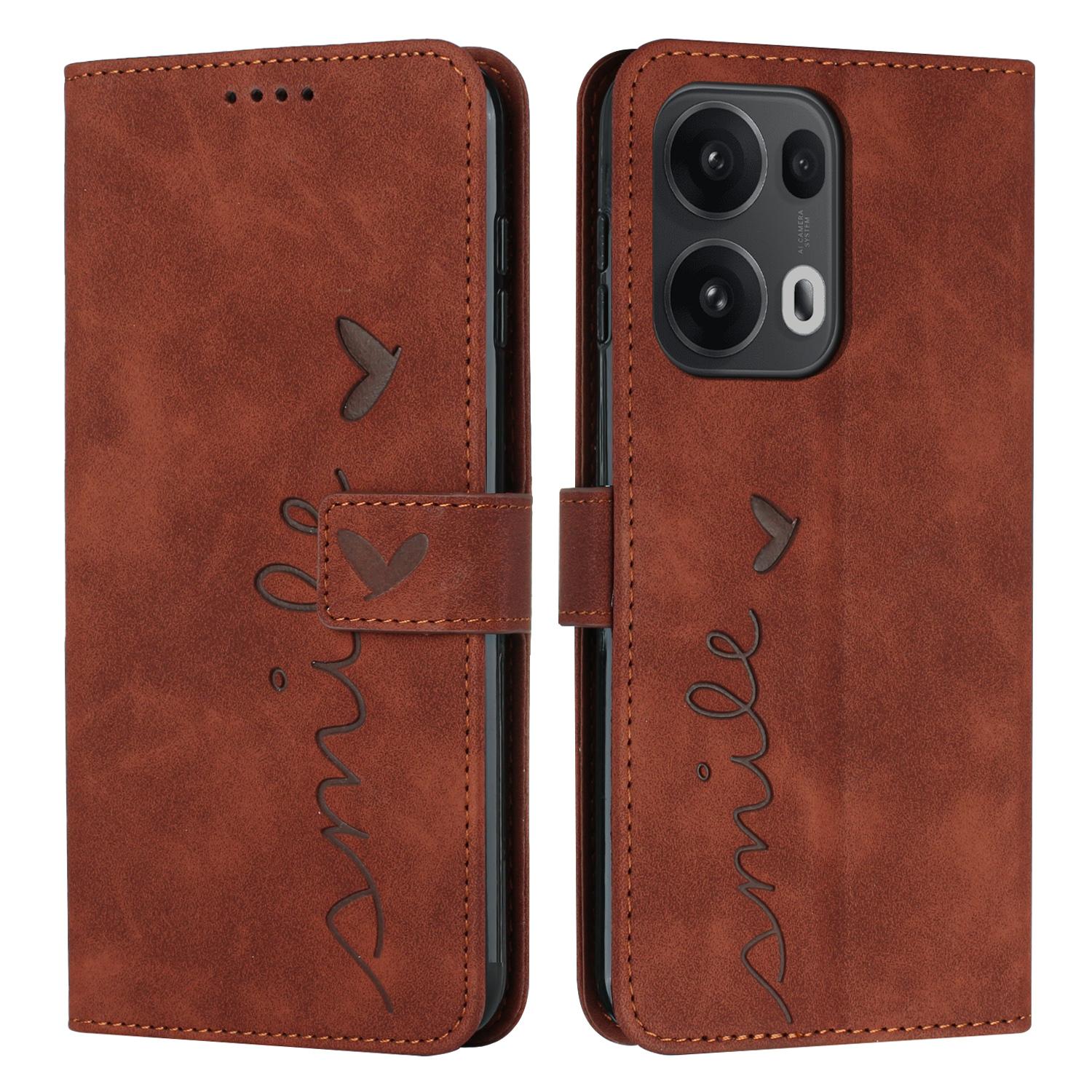 

For Oppo Reno13 Pro 5G Case Viewing Stand PU Leather Phone Cover Imprinted Heart Pattern Brown