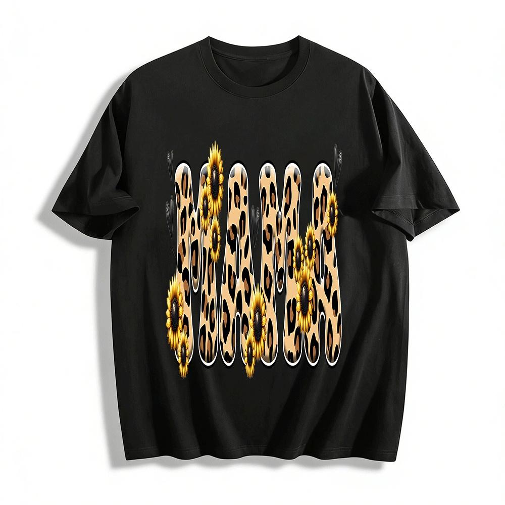 Leopard Print Sunflower MAMA Graphic Casual Short Sleeve Top Pure cotton T-shirt XXS