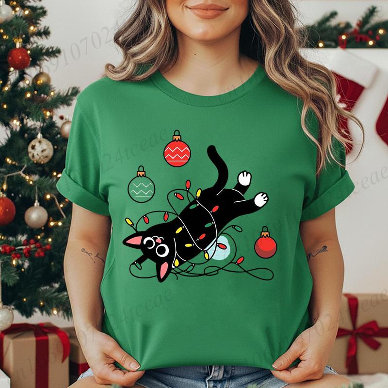 Kitten Xmas Tree Unisexs Casual TShirt Black Cat Christmas Graphic Print TShirts Tops Meowy Xmas Lights Novelty TShirt Tops