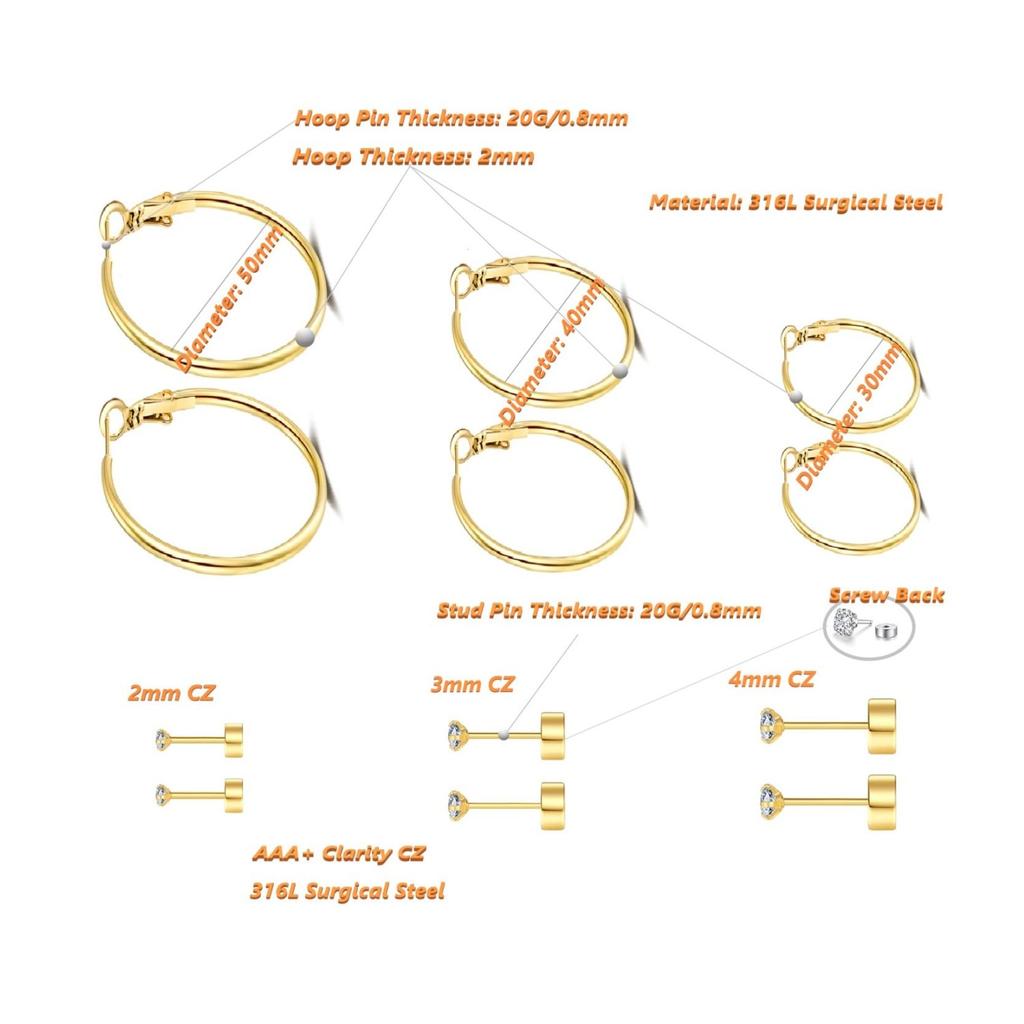 6 Pairs Hoop Earrings Cubic Zirconia Earrings Studs Set for Women 18k Gold Plated Surgical Steel Jewelry Gift
