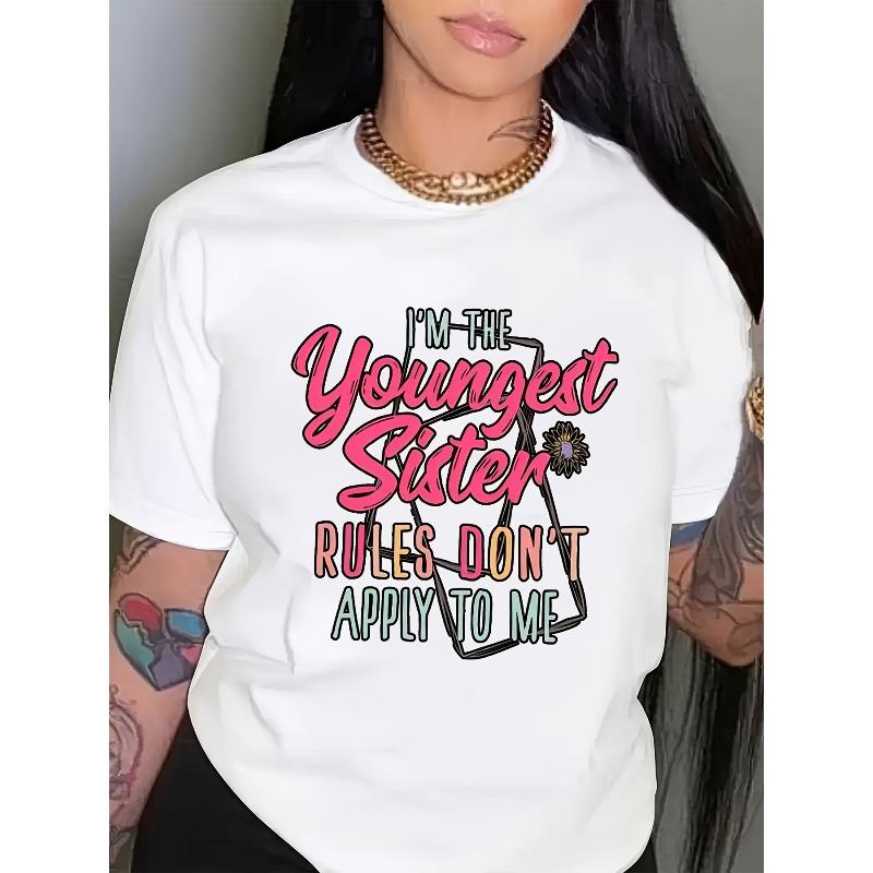 Europäische Größen 1 Schwester Thema Grafik, Damen Sommer Freizeit T-Shirt, Rundhalsausschnitt, Normale Passform