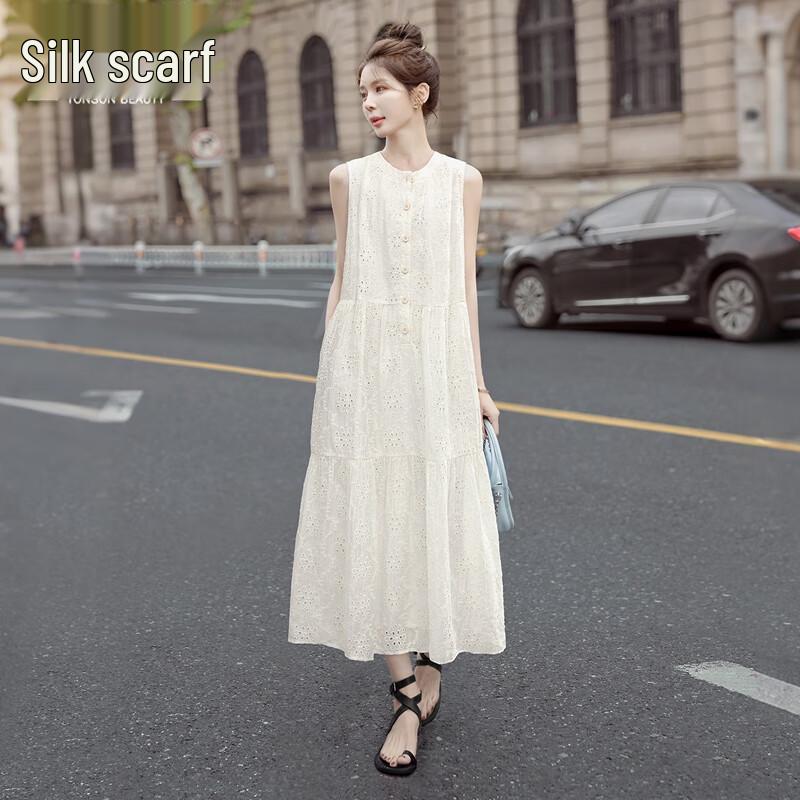 Women s Apricot Round Neck Single-Breasted A-Line Midi Dress XL