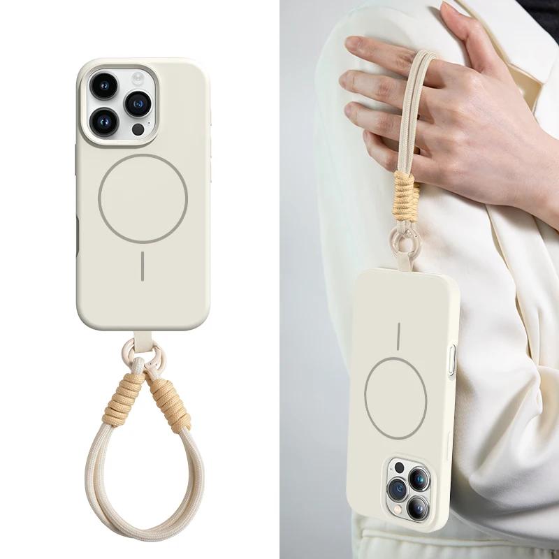 Official Liquid Silicone Lanyard Strap Rope Case For iPhone 17 16E 16 14 15 Plus 12 13 11 Pro Max Magsafe Magneitc Soft Cover