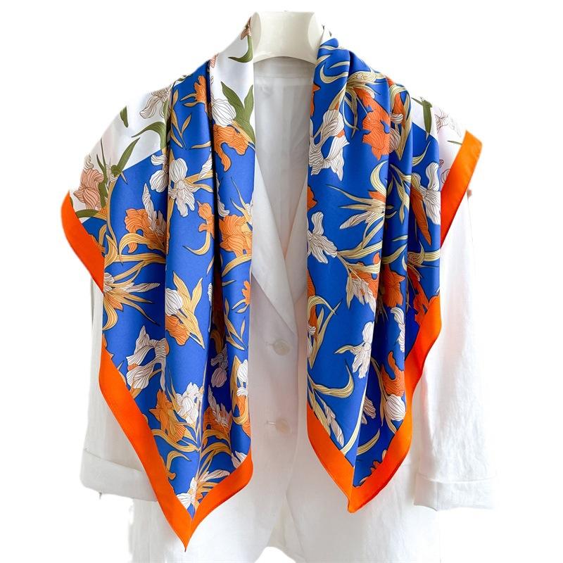 Headscarf Printed Twill Silk Large Square Scarf Small Fragrant Silk Scarf Women'S Anti-Sun Scarf Decorative Scarf Shawl 90Cm