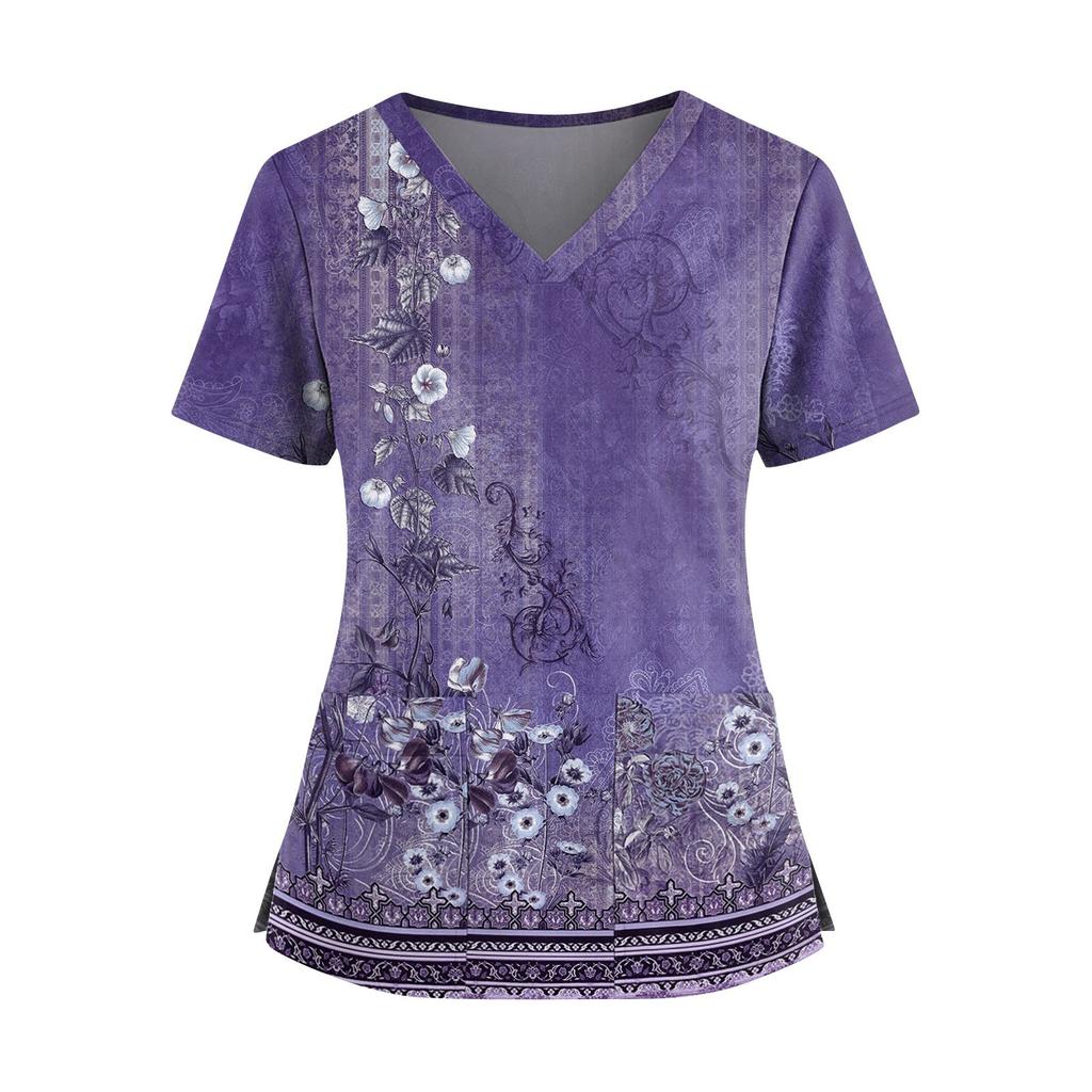 Damen Modisches Bedrucktes V-Ausschnitt Doppelpattentaschen Kurzarmhemd Mit Schlitzsaum Uniform- und Arbeiter-Oberteil