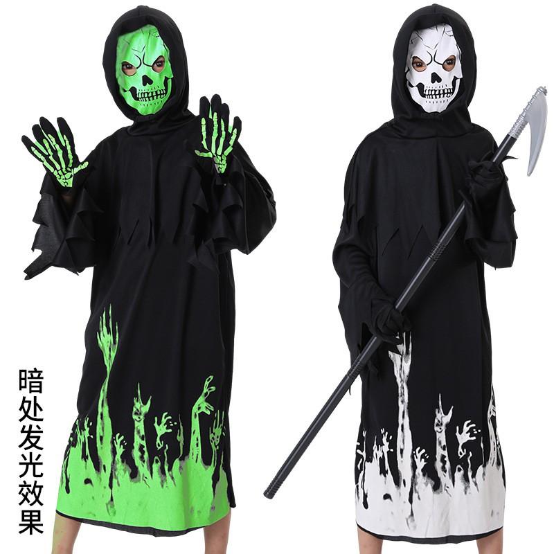 Halloween Grim Reaper Costume Set With Glow-in-the-Dark Hooded Robe Scythe Prop Cosplay Roleplay