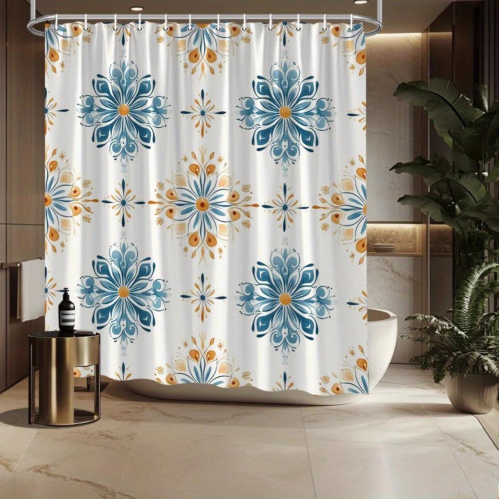 

Vintage Floral Shower Curtain, Blue & Orange Flowers On Cream, Polyester, 12 Hooks, Elegant Bath Decor W60H190(CM)-1 Pcs