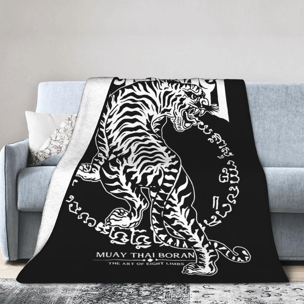 Muay Thai Sak Yant Tiger Knitted Blankets Boxing Fighter Fleece Throw Blankets Bedroom Sofa Lightweight Bedspread Multifunction