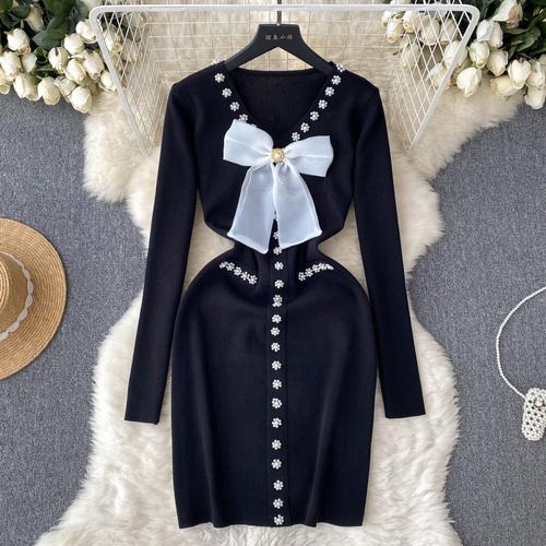 

Элегантное модное облегающее платье с бантом и высокой талией, сексуальное вязаное эластичное облегающее платье с длинными рукавами, осенне-зимнее платье-свитер-карандаш One Size чёрный