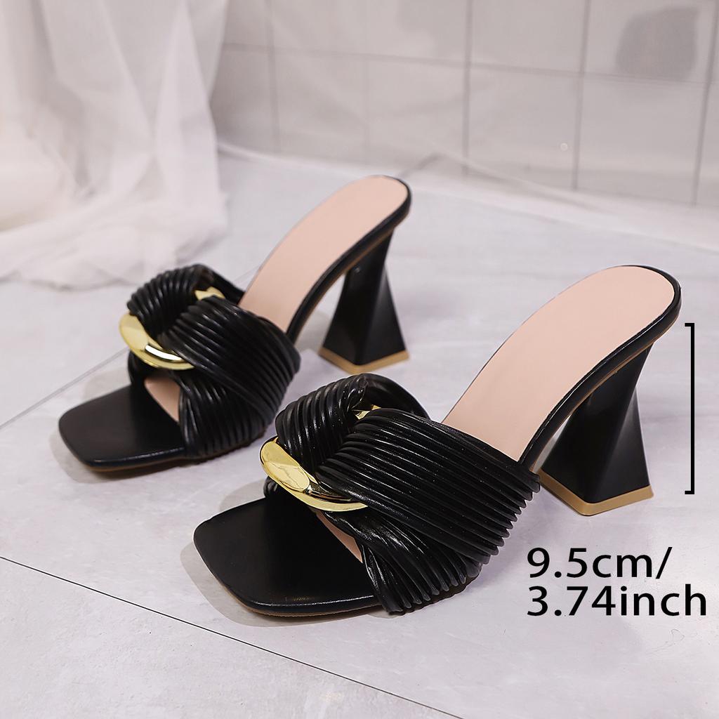 Fashion Elegant Ladies Gold Buckle High Heels Party Wedding Shoes Woman Summer 2025 Big Square Toe Mules Sandals Women Heeled Pumps 43
