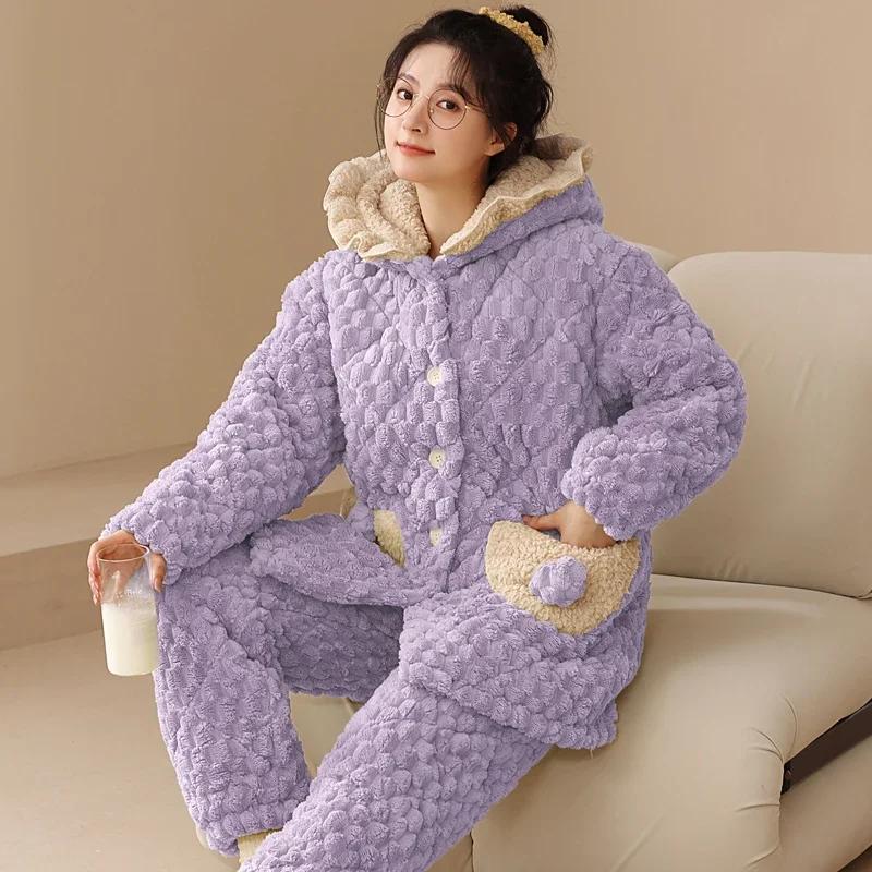 Winter Flannel Warm Nightwear for Young Girl Cardigan Lapel Pajamas Set Coral Fleece Warm Homewear Three-layer Pajamas Set