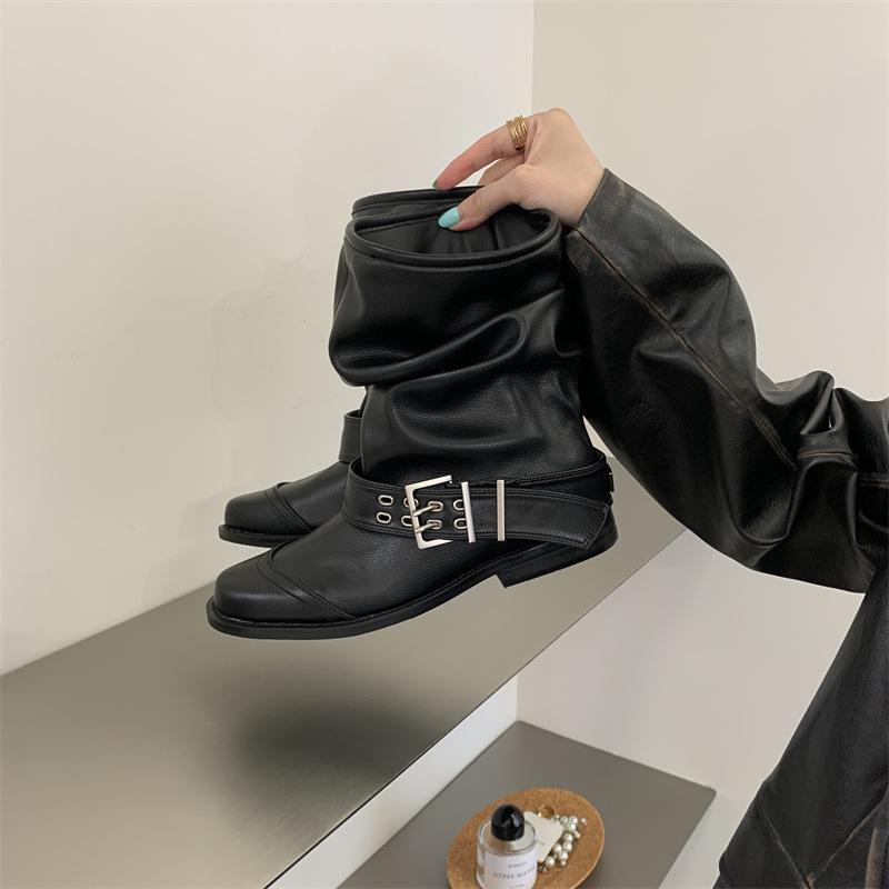 Western Cowboy Boots Women's New Summer Boots Vintage Maillard Belt Buckle Thick Heel Pleated Pile Short Boots