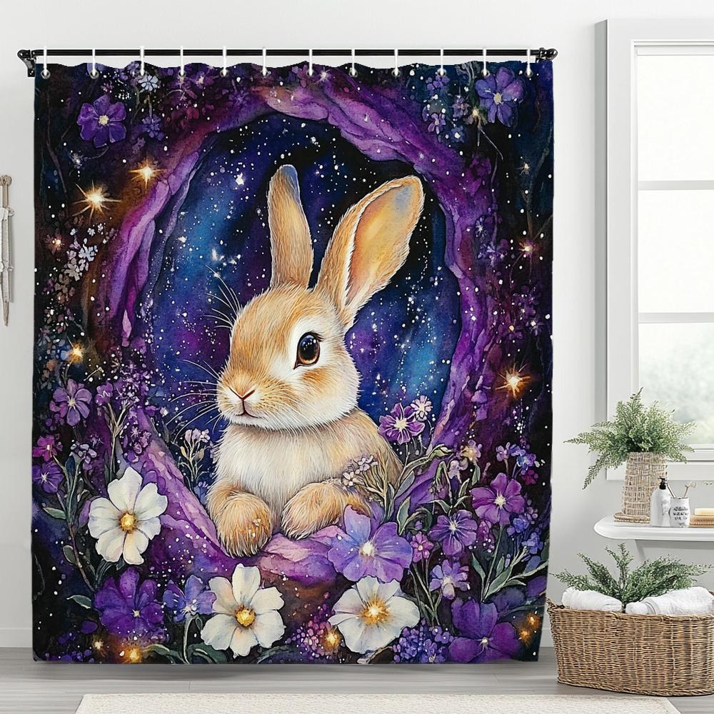 Happy Easter Shower Curtain,Egg and Rabbit Cartoon Printed Polyester Fabric Decorative Bathroom Curtain, Home Curtain with Hooks
