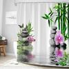 Zen Shower Curtain Green Leaf Floral Purple Flower Butterfly Lotus Black Stone Japanese Garden Relax Meditate Spring Nature