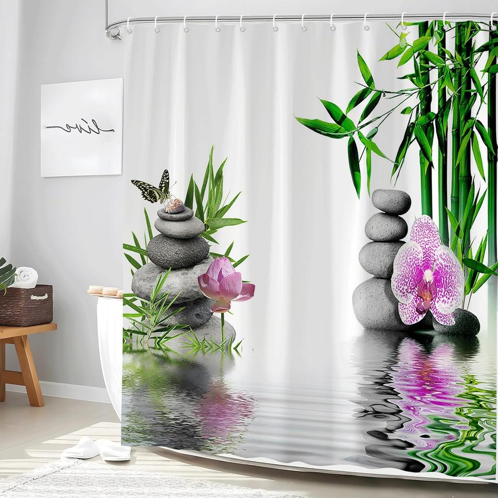 Zen Shower Curtain Green Leaf Floral Purple Flower Butterfly Lotus Black Stone Japanese Garden Relax Meditate Spring Nature