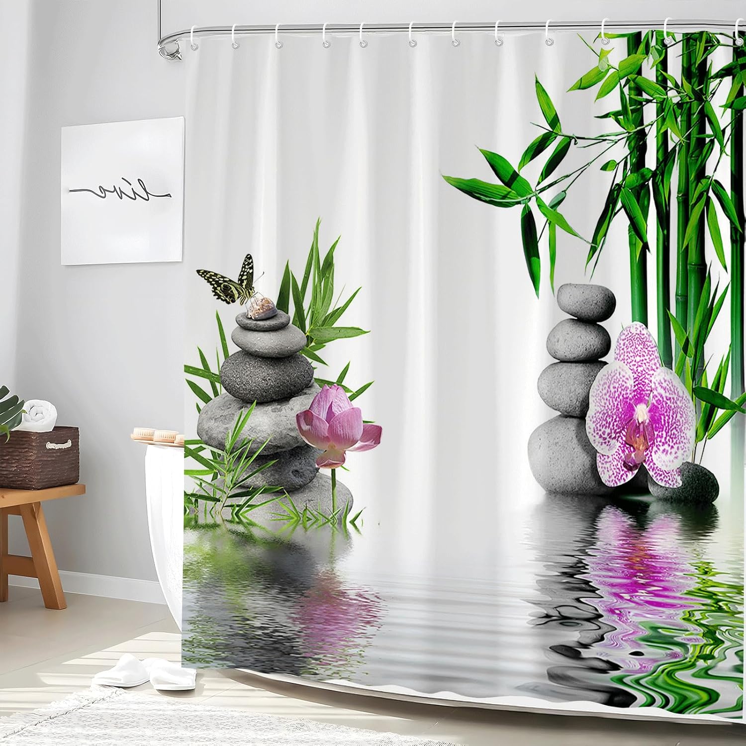 

Zen Shower Curtain Green Leaf Floral Purple Flower Butterfly Lotus Black Stone Japanese Garden Relax Meditate Spring Nature W60H190(CM)-1 Pcs